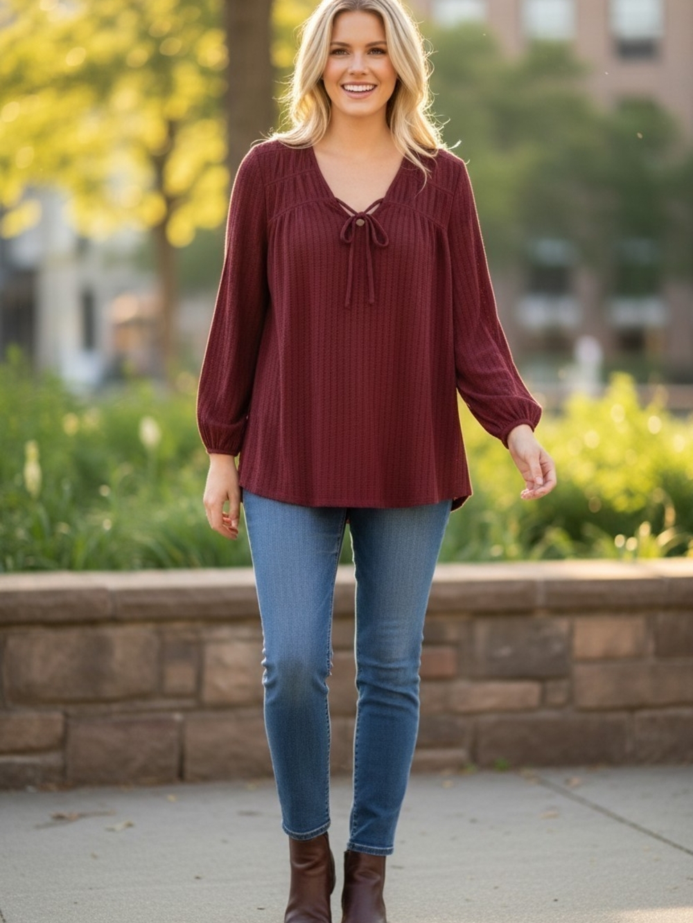 Waffle Knit Tie-Neck Blouse - Burgundy